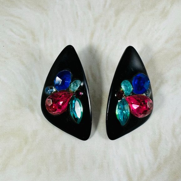 WOW! Vintage 80s rhinestone encrusted clip on statement earrings RARE - Picture 3 of 4